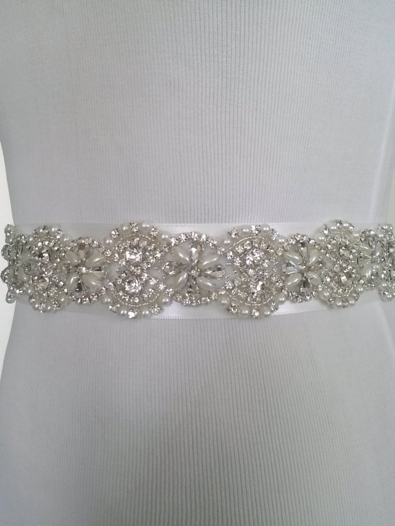 زفاف - SAMANTHA Vintage Inspired Pearl and Crystal Bridal Sash, Beaded Wedding Gown Belt