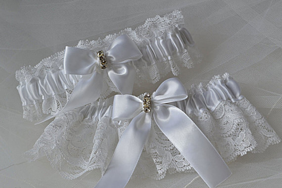 Hochzeit - Wedding Garter Set - White Garters with Gorgeous White Raschel Lace