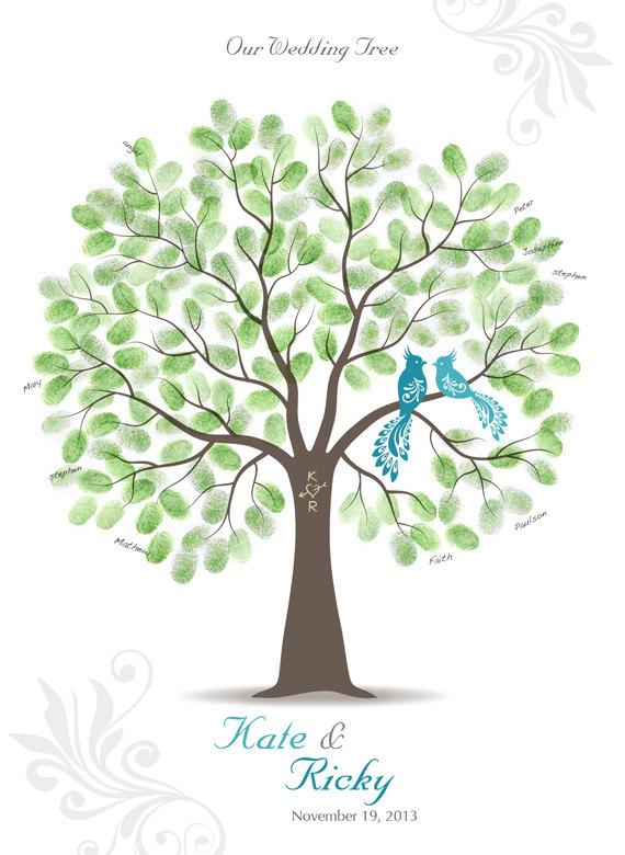Mariage - Thumb Print Wedding Tree Guest Book Alternative with 3 Ink Pads, Wedding Signature Guestbook, Peacocks Print, 20x26 (up to 275 signatures)