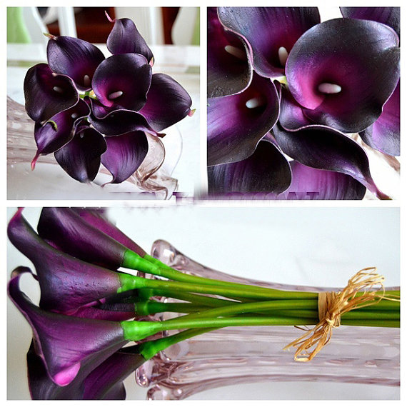 Wedding - Dark Purple Calla Lily Bridal Bouquet Latex Mini Calla Lilies Plum  For Bridesmaids Bouquet Wedding Decorations