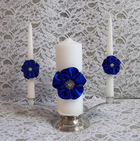 Mariage - Wedding Unity Candle set with handmade 5 petal Roses in Royal Blue and Rhinestone Mesh Trim, Made to Order