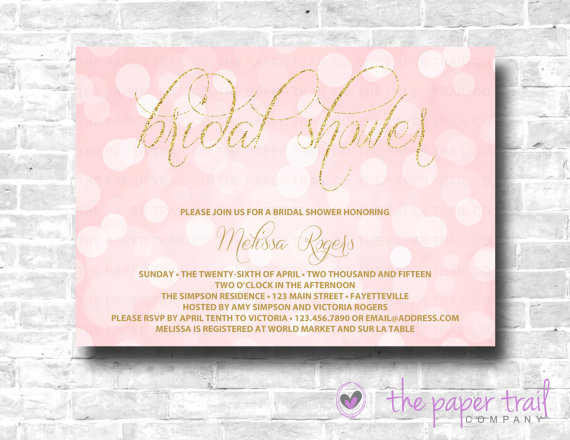 Свадьба - Pink and Gold Bridal Shower Invitation, Bokeh Bridal Shower, Gold Glitter, Blush Pink, Printable, Bridal Shower Invite, Wedding Shower
