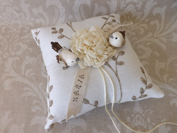 Wedding - Woodland Birds Wedding Ring Bearer Pillow- White Love Birds Personalized Ring Pillow