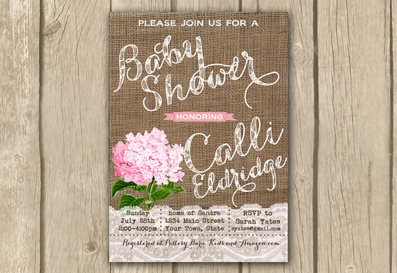 Hochzeit - burlap lace baby shower invite, shabby style baby girl shower invitation, pink hydrangea invite, printable invitation, hortensia rosada