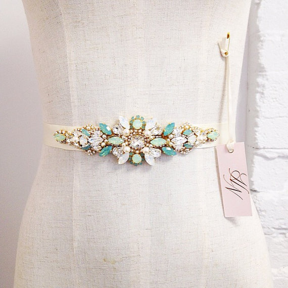 زفاف - RESERVED- RUSH- Opal Crystal Bridal Belt- Swarovski Crystal Bridal Sash- Mint Bridal Belt