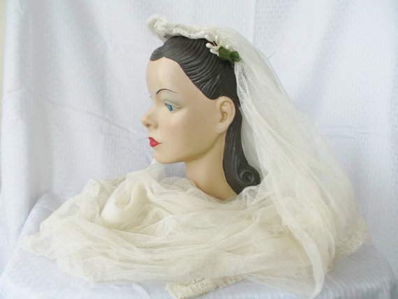 زفاف - Clearance 30's 40's Vintage Wedding Bridal Veil with Wax Orange Blossoms