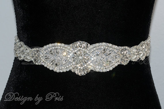 Wedding - NEW Beaded Silver Rhinestone Faux Pearls Ribbon Sash Wedding Accessories Rhinestone Applique Sash Headband Bridal Applique Sash ~ Lalyn