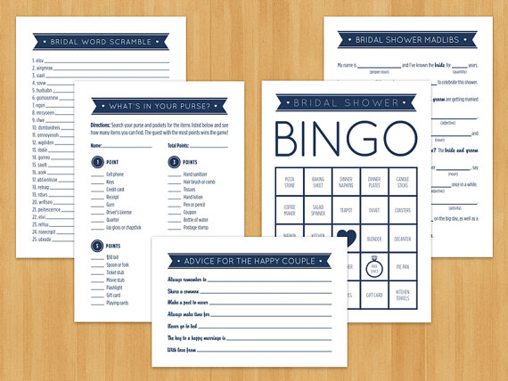 Mariage - SALE - GAME PACK - Set of 5 Printable Bridal Shower Games, Bingo, MadLibs, Advice Cards, Word Scramble and What's in Your Purse, Navy Blue
