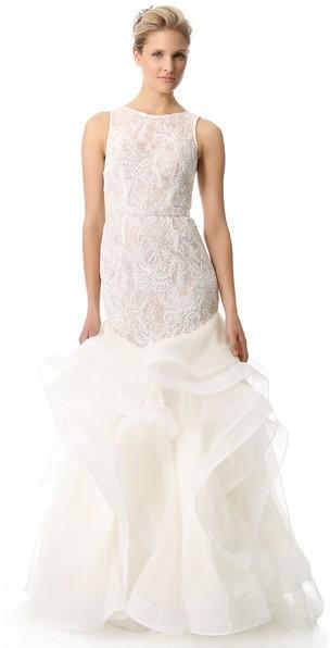 Wedding - Theia Embroidered Lace Cascading Ruffle Gown