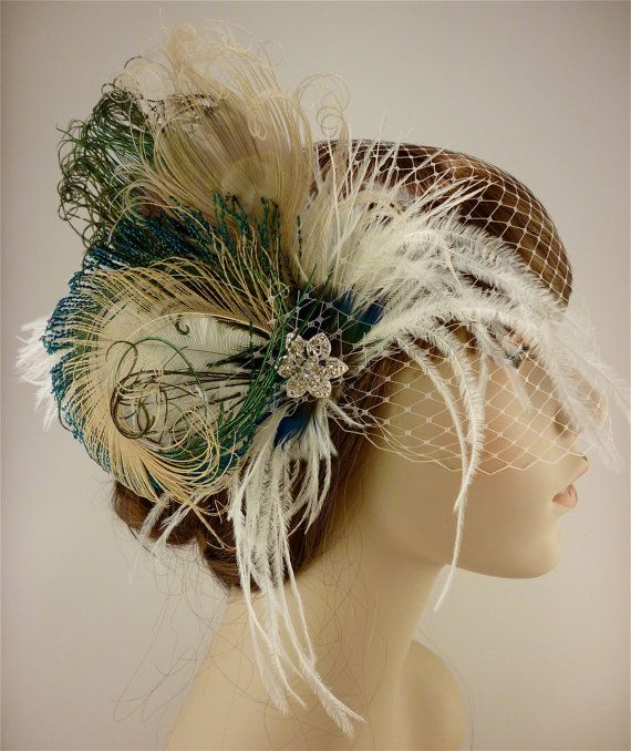 زفاف - Bridal Fascinator, Feather Wedding Head Piece, Feather Fascinator, Bridal Hair Accessories, Bridal Veil Set, Gatsby Wedding, Great Gatsby