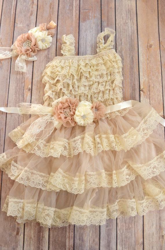 زفاف - Rustic Beige Ivory Lace Flower Girl Dress Headband set, Beige Lace dress, Wheat country Dress, Rustic Lace Dress,  Vintage Style Flower Girl