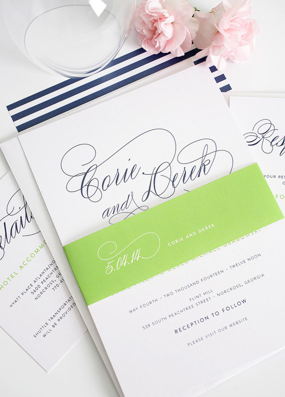 Свадьба - Navy Blue Wedding Invitation - Navy Blue Wedding Invites - Stripes, Blue, Green - Script Elegance Wedding Invitations by Shine Invitations