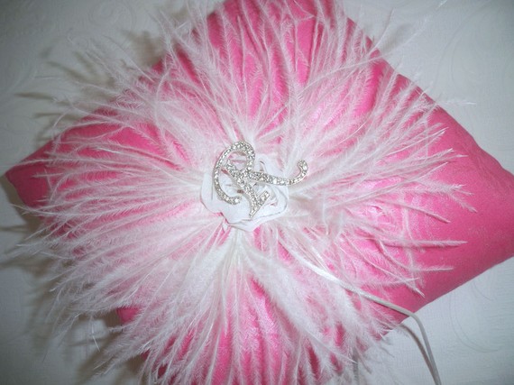 Свадьба - Damask Wedding Ring Pillow- Personalized Crystal Monogram Candy Pink Fabric & Feathers