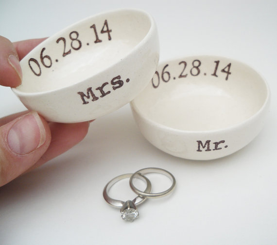 Hochzeit - MR and MRS WEDDING ring dish bridal shower gift idea wedding gift wedding ring holder custom ring pillow personalized custom wedding date
