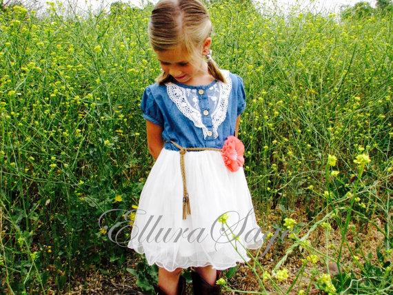 Hochzeit - Flower Girl Dress, Denim Flower Girl Dress, Denim Toddler Girl Tutu Dress, Western Cowgirl Dress, Rustic Flower Girl Dress, Country Wedding