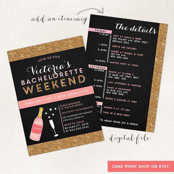 Wedding - Bachelorette Weekend invitation, getaway, Hens party, 2 sided bachelorette invite, gold glitter, champagne bachelorette, weekend printable