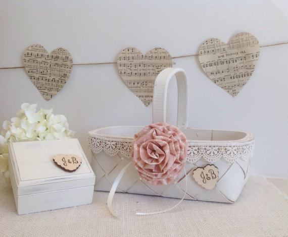 Mariage - Flower girl basket and ivory ring bearer box set with wedding ring pillow blush flower and lace trim.