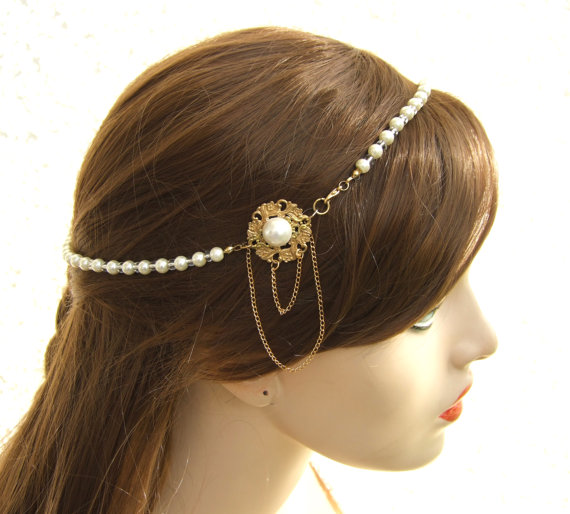 Свадьба - Gold Pearl Hair Piece, Bridal Headband , Pearl Hair Jewelry, Bridal Halo ,Hair Accessories, Wedding Hair Jewelry