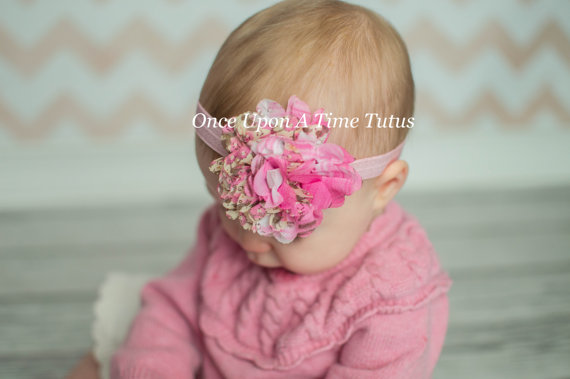 زفاف - Springtime Pink Chiffon Puff Headband - Fabric Flower - Newborn Baby Hairbow - Little Girls Easter Hair Bow - Spring or Summer Photo Prop