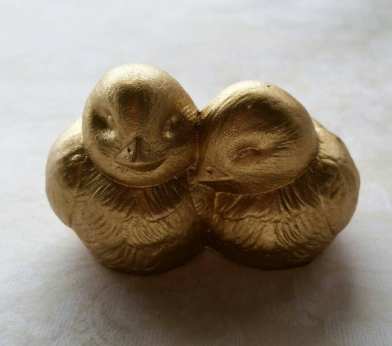 Hochzeit - Gold Birds Wedding Cake Topper Love Birds Hugging Ceramic In Stock Wedding Cake Topper in Gold