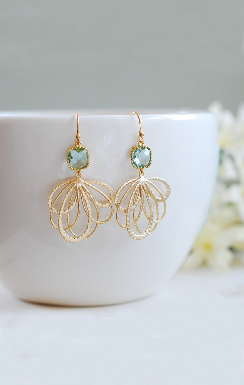 Свадьба - Gold Aqua Blue Dangle Earrings. Aquamarine Gold Filigree Aqua Blue Glass Chandelier Earrings, Aqu Blue Wedding Jewelry Bridesmaids Gift