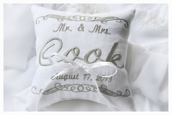 Wedding - Mr & Mrs Ring bearer pillow , wedding pillow , wedding ring pillow, Personalized Custom embroidered ring bearer pillow (R20)