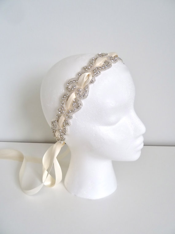 زفاف - Bridal Crystal Ribbon headband, bridal crystal headpiece, beaded crystal headband - RACHEL - ships in 1 week