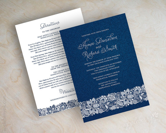 Hochzeit - Denim and lace wedding invitation, country wedding invitation, country chic invitations, country chic wedding, wedding invitations, Denim