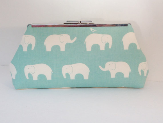 Mariage - Blue Green Elephant Print Organic Cotton Clutch Purse with Nickel/Silver Frame, White Elephant, Bridesmaid, Wedding, Special Occasion