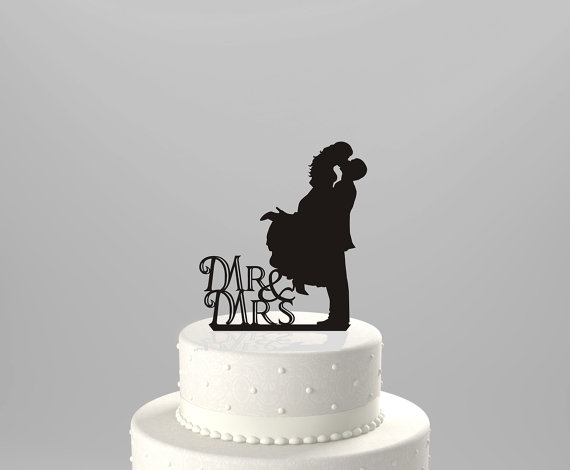 زفاف - Wedding Cake Topper Silhouette Couple Mr & Mrs, BLACK Acrylic Cake Topper [CT3]
