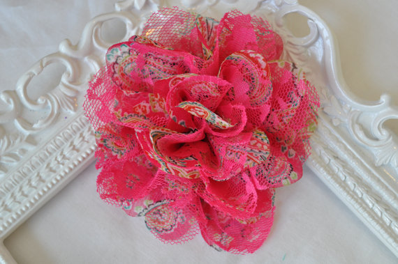 Свадьба - Pink Paisley Lace and Chiffon Flower Bow, Headband Option, Hair Accessory, Baby Shower Gift, Wedding Hair Accessory
