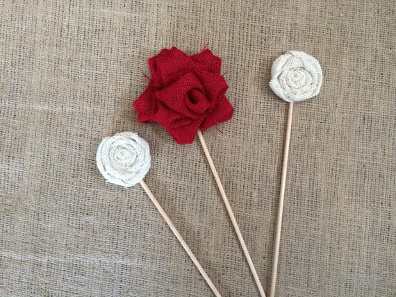 زفاف - Set of Three Burlap Flowers, One Res Bubble, Two Rolled for Wedding Bouquet, Centerpiece, Flower Arrangement, Mothers Day or Valentines Day