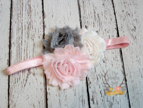 Свадьба - Baby Pink White Gray Headband - Newborn Infant Baby Toddler Girls Adult Wedding Spring New Baby