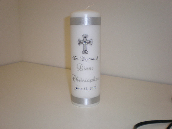 Wedding - personalized Baptism Candle with Cross and Gem