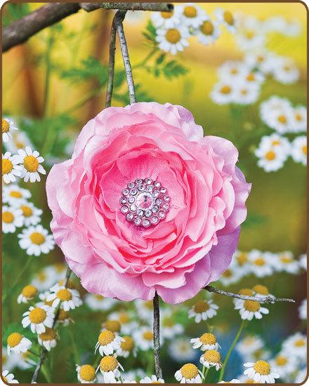 Hochzeit - Ranunculus Hair Clip - Pink Ruffled Flower Wedding Hair Accessory with Rhinestone Center