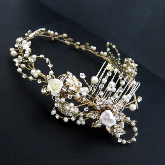 زفاف - Bridal hair vine, Bridal headpiece, Wedding headpiece, Bridal headband, Pearl headpiece, Gold headband