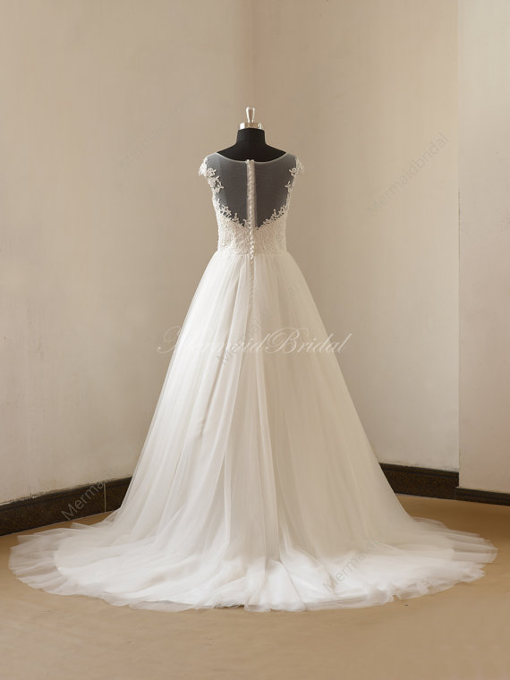 زفاف - Romantic Open back ivory formal wedding dress with capsleevs