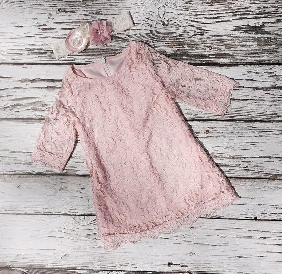 Mariage - Pink flower girl dress. Lace flowergirl dress.Country wedding. Girls lace dress. Toddler lace dress Vintage lace dress.