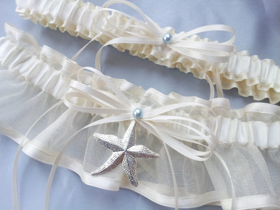 زفاف - Beach Wedding Garter Starfish Garter Set Ivory Sheer Organza Light Blue Ivory Stain Wedding Bridal