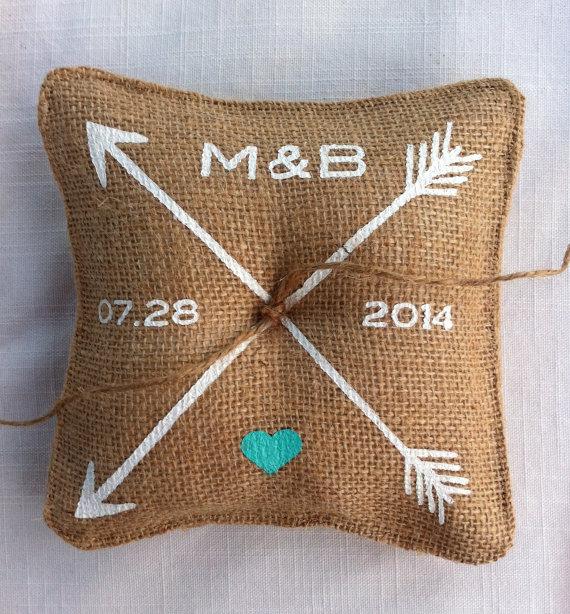 Hochzeit - Personalized Burlap Ring Bearer Pillow for Wedding with Arrows, hearts, wedding date and couples first initials