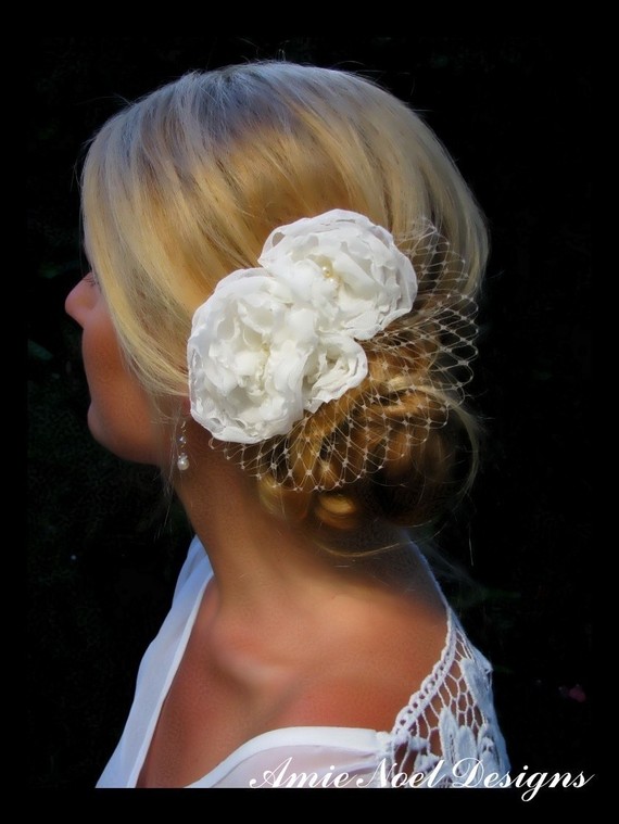 Mariage - Islay bridal hair accessories, wedding hair accessories, Ivory Chiffon Floral Fascinator with French / Russian Tulle