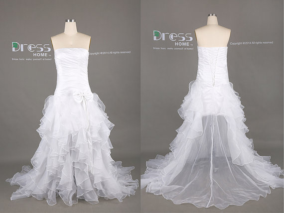 Hochzeit - White Strapless Pleats Ruffles Organza Hi Low Wedding Dress/Bow Long Wedding Gown/White Hi Low Bridal Dress/Plus Size Wedding Dress DH392