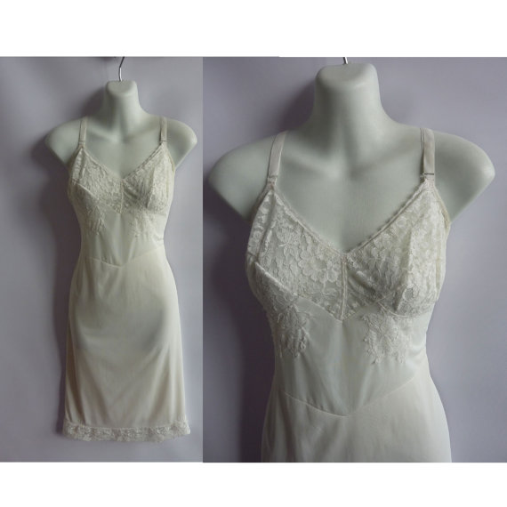 زفاف - 50s Vintage Slip Size M White Nylon Lace 36 Chest 60s