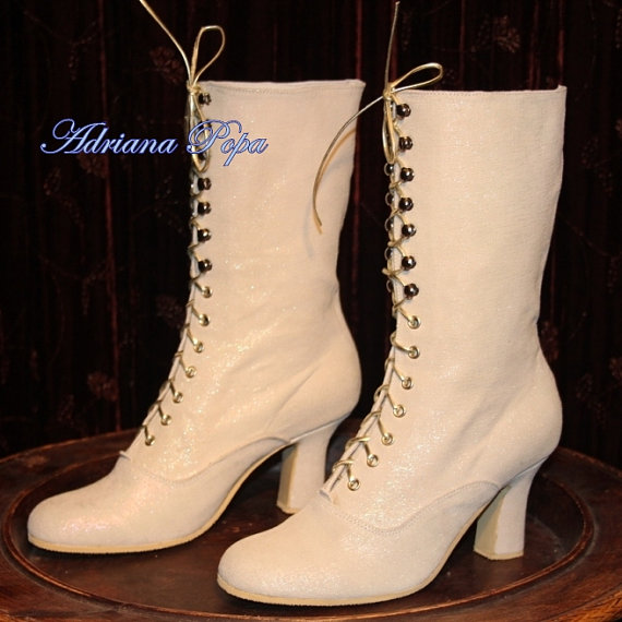 Mariage - NEW Wedding Shoes Bridal Victorian Boots Lace up  White Glitter Ankle Boots ORDER your customized size