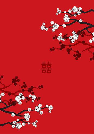 Hochzeit - White Sakura Cherry Blossoms On Red And Chinese Wedding Double Happiness 