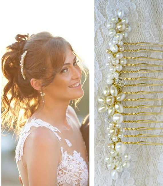 Wedding - WEDDING HAIR COMB Pearl Fascinator Ivory Hair Pin Off White Headpiece Bridal Accessories Beaded Pearl Comb Gold Pearls Cluster Haircomb