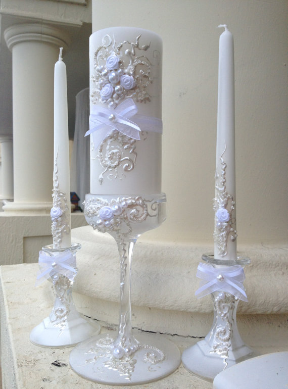 زفاف - Beautiful wedding unity candle set - 3 candles and 3 glass candleholders in white and off white color, wedding reception, unity ceremony