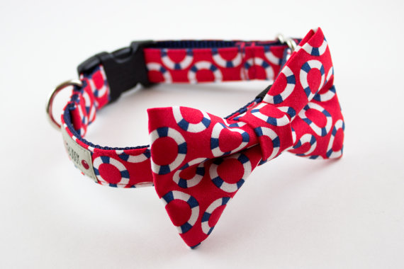 Mariage - Red Lifesaver Nautical Bow Tie Dog Collar