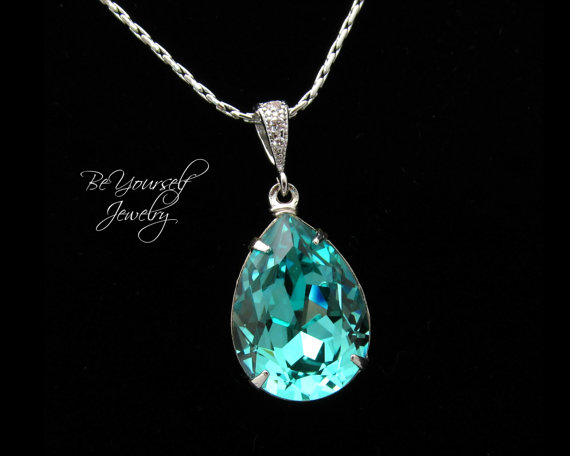 Hochzeit - Teal Blue Necklace Swarovski Crystal Light Turquoise Necklace Bridal Teardrop Pendant Something Blue Sea Green Bridesmaid Wedding Jewelry