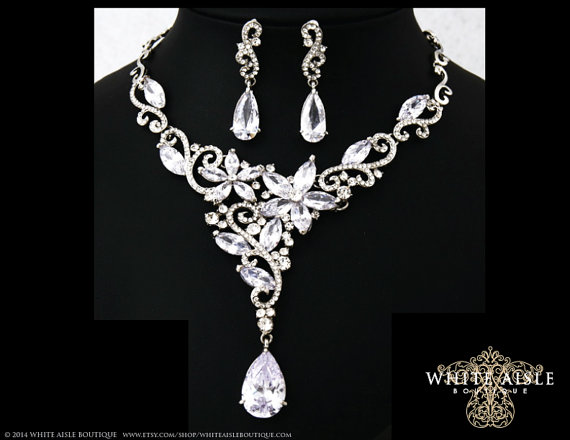 زفاف - Bridal Statement Necklace, Wedding Jewelry Set, Crystal Drop Necklace, Vintage Inspired Necklace, Cubic Zirconia Wedding Necklace